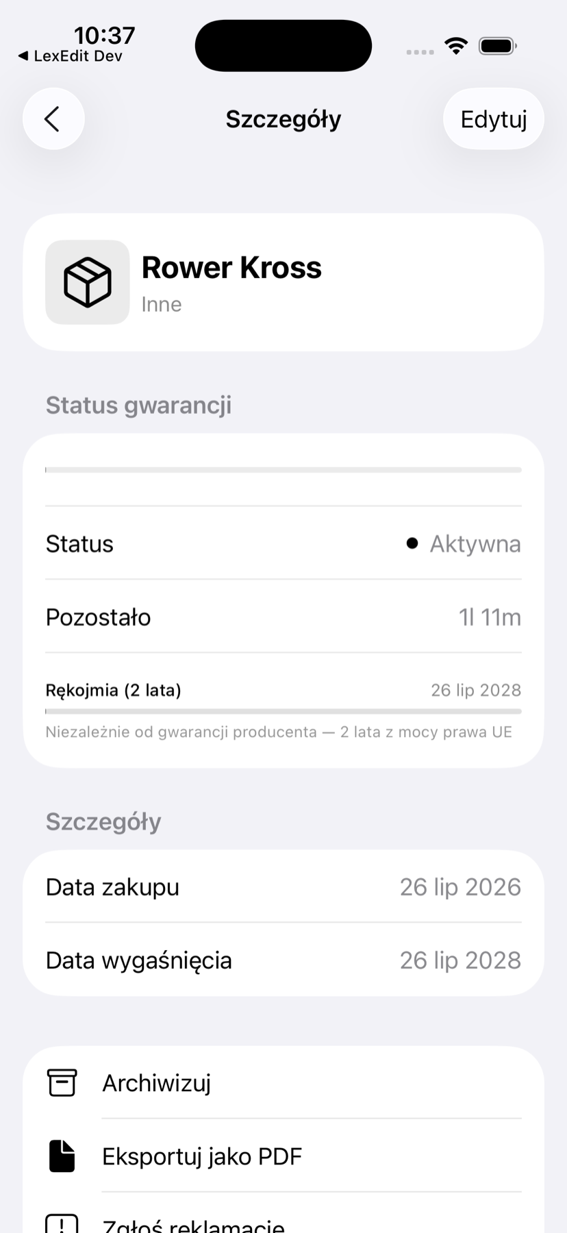Shieldly warranty detail screen with statutory warranty, PDF export and claim filing