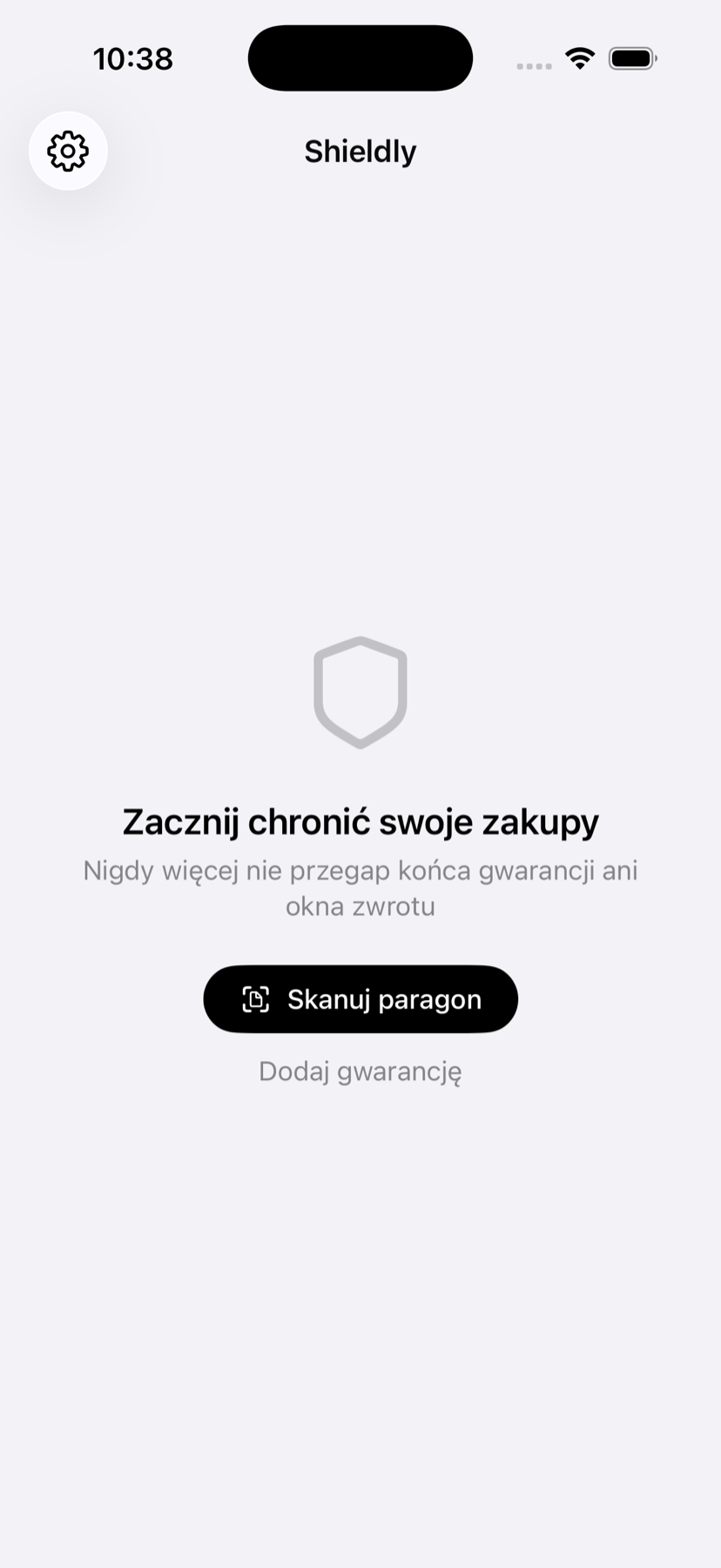 Shieldly empty state: one Scan receipt button instead of instructions