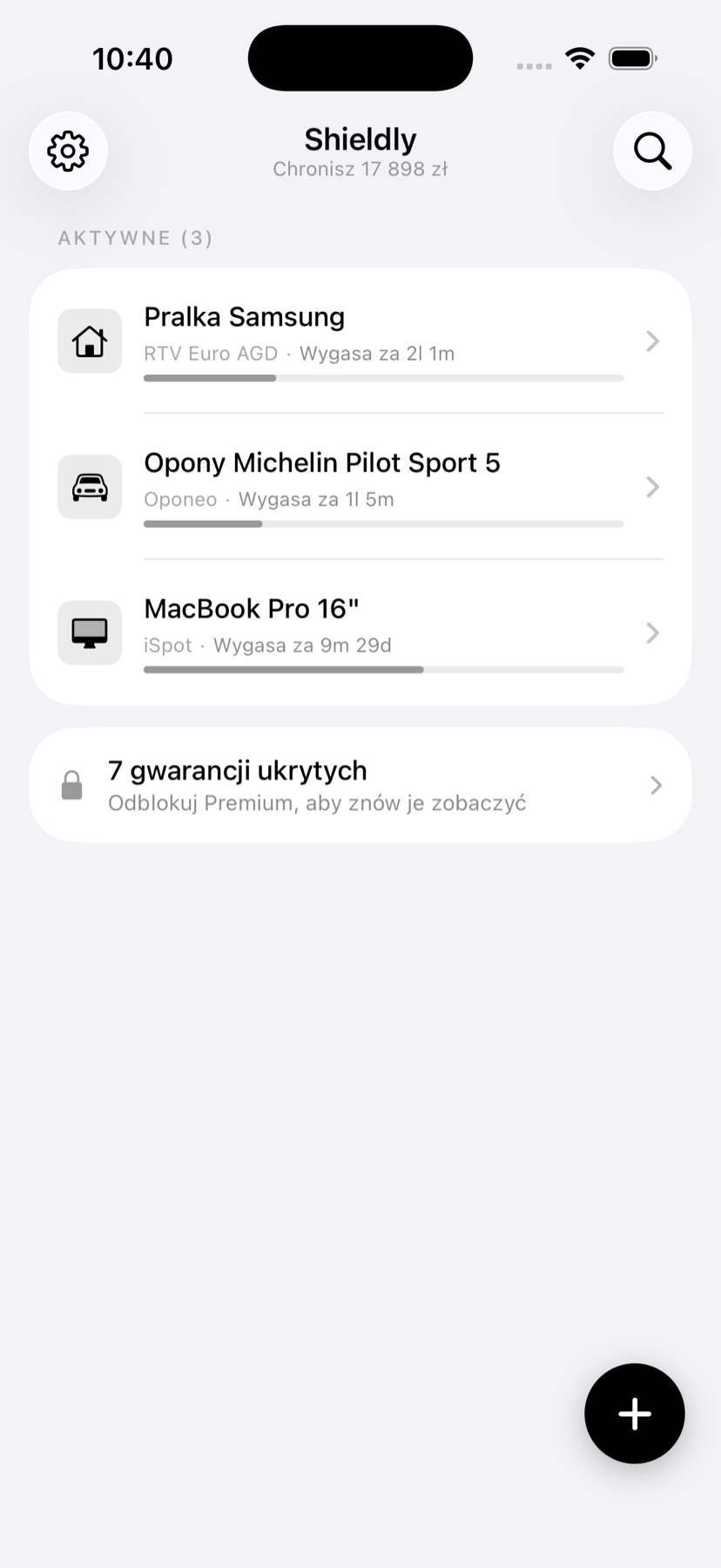 Shieldly home screen showing seven warranties hidden behind Premium