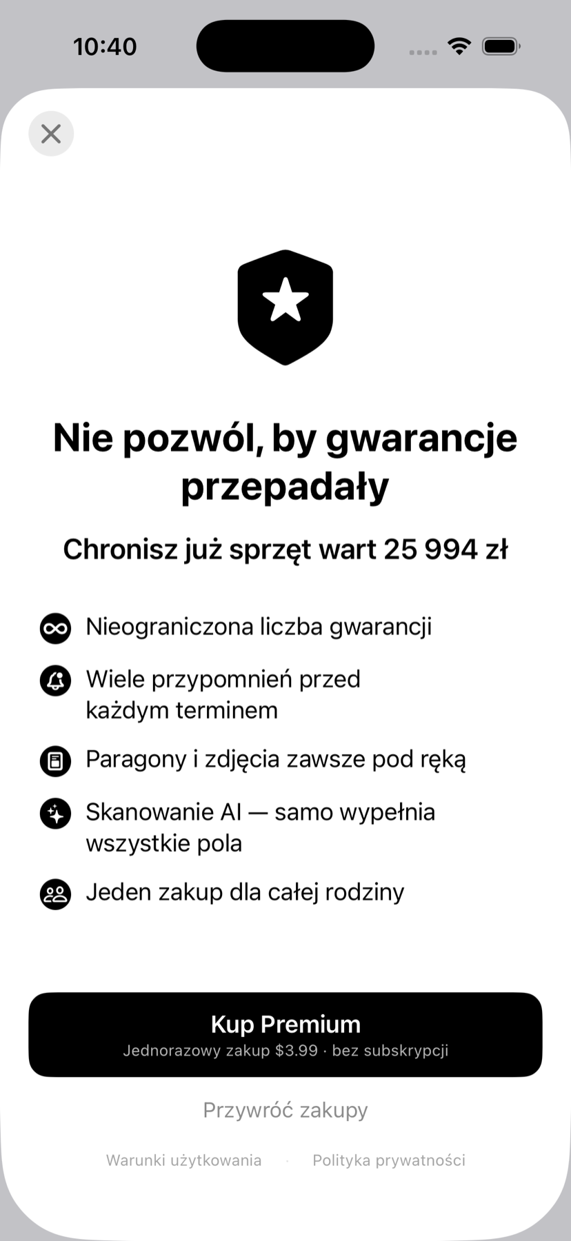 Shieldly paywall: a one-time Premium purchase with no subscription, with family and AI features